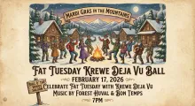 Event poster for 'Mardi Gras in the Mountains' featuring the Fat Tuesday Krewe DeJaVu Ball on February 17, 2026. A colorful illustration depicts people in masks and winter coats dancing around a bonfire in a snowy mountain village under a full moon, with signs for the Bull O' The Woods Saloon.