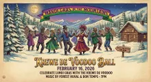Event poster for Mardi Gras in the Mountains: Krewe de Voodoo Ball on February 16, 2026. A stylized illustration shows people in winter gear and masquerade masks dancing in a snowy mountain village under a full moon.