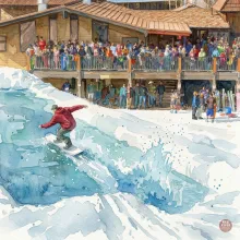 A watercolor painting of a snowboarder in a red hoodie and green pants carving across a bright blue pool of water during a pond skim event. A large, dynamic splash of turquoise and white water trails behind the white snowboard. In the background, a rustic wooden lodge with a large balcony is filled with a colorful crowd of spectators watching the action under a clear, sunny sky. The style features visible brushstrokes and soft, layered washes of color characteristic of watercolor art.