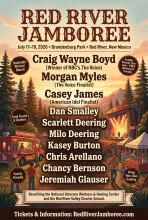 Event poster for the Red River Jamboree, taking place July 17–19, 2026, at Brandenburg Park in Red River, New Mexico. The poster lists Craig Wayne Boyd (Winner of NBC's The Voice) as the main headliner, alongside Morgan Myles and Casey James. Additional performing artists include Dan Smailley, Scarlett Deering, Milo Deering, Kasey Burton, Chris Arellano, Chancy Bernson, and Jeremiah Glauser.