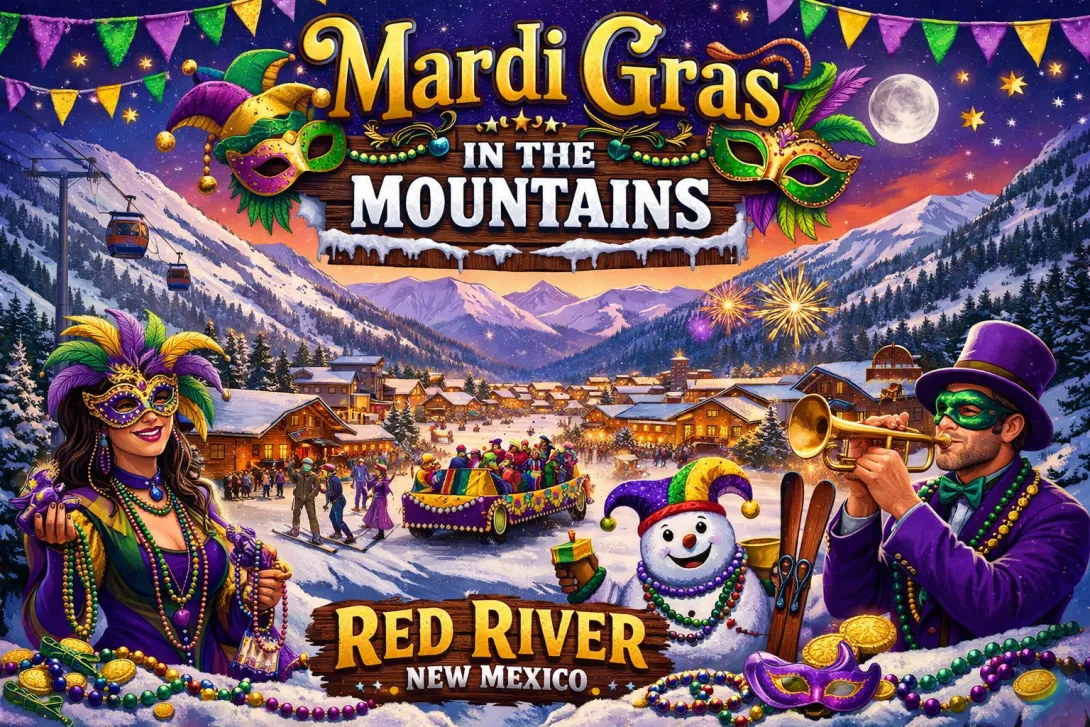 A vibrant, festive poster for "Mardi Gras in the Mountains" in Red River, New Mexico. The scene features a snow-covered mountain village at night, decorated with purple, green, and gold banners. In the foreground, revelers in ornate masks, a cheerful snowman in a jester hat, and a man playing a trumpet celebrate amidst piles of beads and gold coins. A parade float moves through the glowing town center, set against a backdrop of snowy peaks, a ski lift, and a full moon.