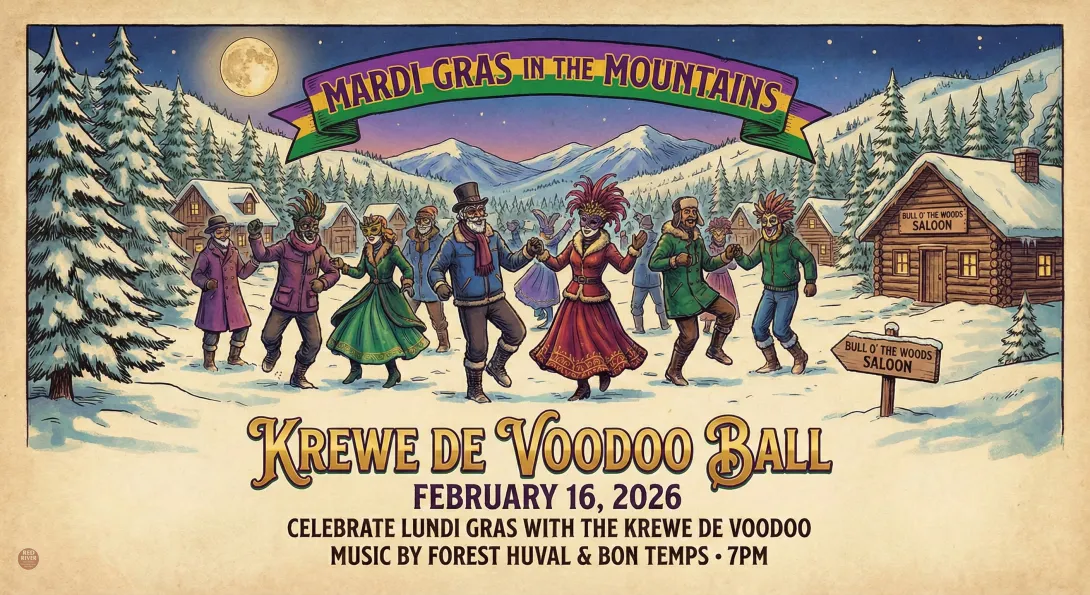 Event poster for Mardi Gras in the Mountains: Krewe de Voodoo Ball on February 16, 2026. A stylized illustration shows people in winter gear and masquerade masks dancing in a snowy mountain village under a full moon.