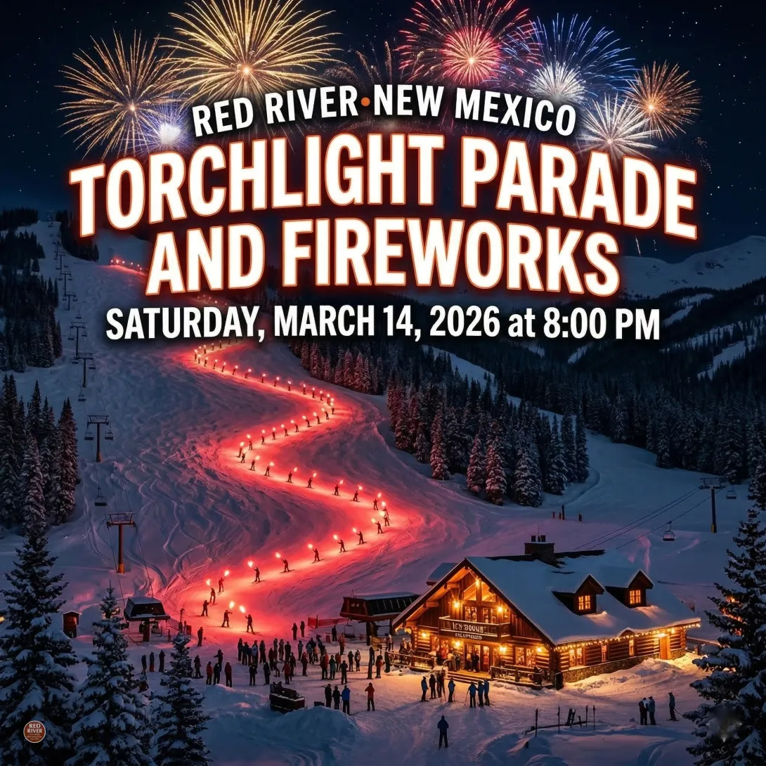 A promotional poster for the Red River, New Mexico Torchlight Parade and Fireworks, featuring a snowy mountain landscape at night with a procession of skiers holding torches, fireworks, and text details.