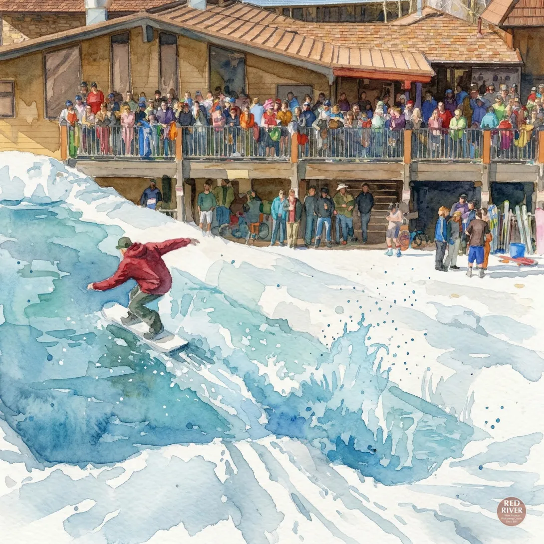 A watercolor painting of a snowboarder in a red hoodie and green pants carving across a bright blue pool of water during a pond skim event. A large, dynamic splash of turquoise and white water trails behind the white snowboard. In the background, a rustic wooden lodge with a large balcony is filled with a colorful crowd of spectators watching the action under a clear, sunny sky. The style features visible brushstrokes and soft, layered washes of color characteristic of watercolor art.