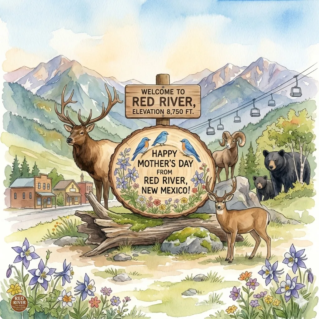 A detailed watercolor painting set in a mountain landscape, centering on a multi-part rustic wooden sign structure planted on a base of large logs and rocks.
