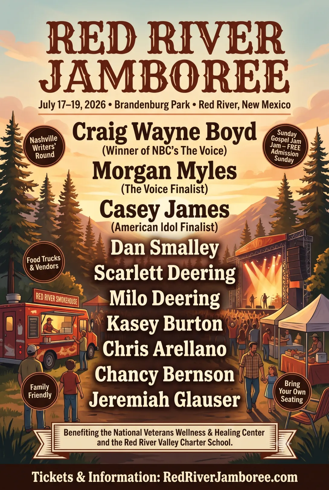 Event poster for the Red River Jamboree, taking place July 17–19, 2026, at Brandenburg Park in Red River, New Mexico. The poster lists Craig Wayne Boyd (Winner of NBC's The Voice) as the main headliner, alongside Morgan Myles and Casey James. Additional performing artists include Dan Smailley, Scarlett Deering, Milo Deering, Kasey Burton, Chris Arellano, Chancy Bernson, and Jeremiah Glauser.