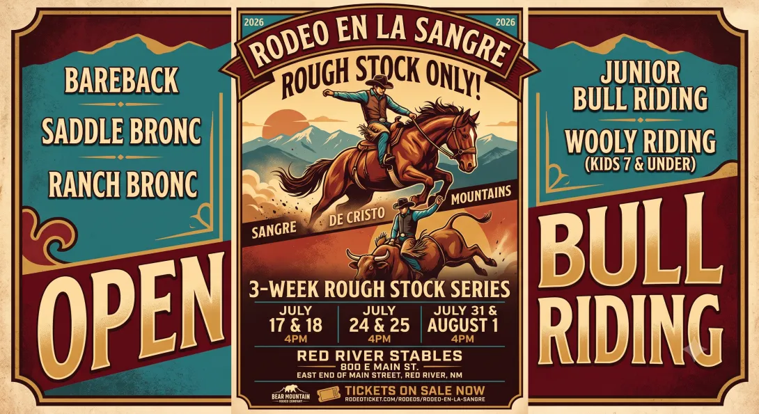 A vintage-style poster for the 2026 Rodeo En La Sangre in Red River, NM, featuring cowboys on a bucking horse and bull against a mountain sunset. Text lists July and August weekend dates, rough stock event categories, and ticket details.